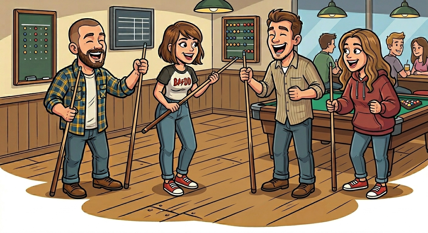 Cartoon group of mates laughing around the pool tables at the club